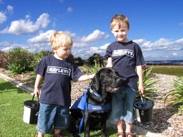 Guide dog Macey joins young volunteer charity fundraisers Daniel Barnett, left, and brother James to get in some early practice for rattling the charity donations bucket they will be carrying during the Warkworth A & P show.